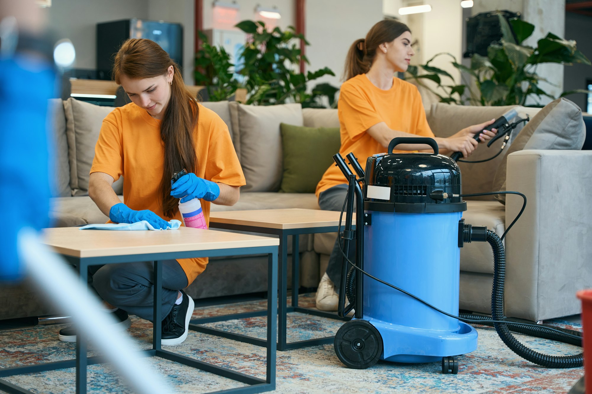 Employees of the cleaning company make thorough cleaning of furniture